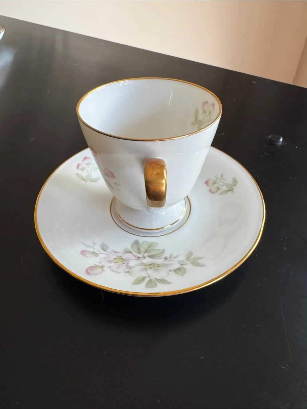 Vintage Tirschenreuth Bavaria Footed Cup & Saucer - Pink & White Apple Blossoms